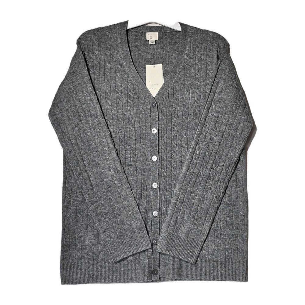 NWT Gray Cable Knit Cardigan Sweater XS Recycled Yarn Soft Classic A New Day